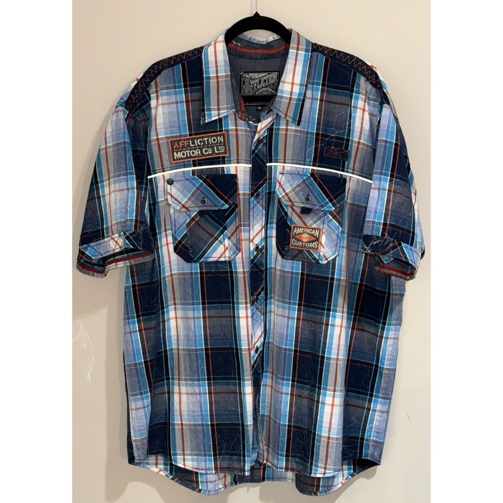 Affliction American Customs Men's 3XL Plaid Button Up Shirt Embroidered Skull